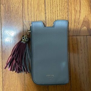 Fossil Gray Leather Phone Sleeve with Burgundy Tassel